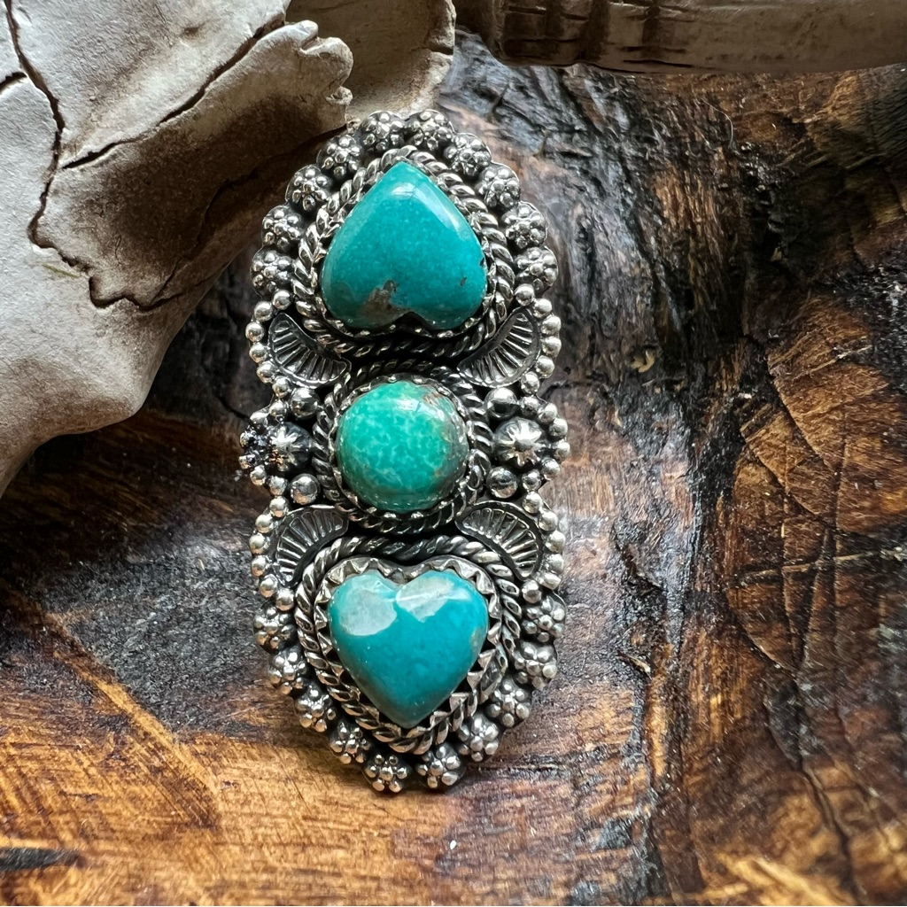 Kingman Turquoise Triple Stone Heart Ring Sterling Silver Statement Ring Sz 8